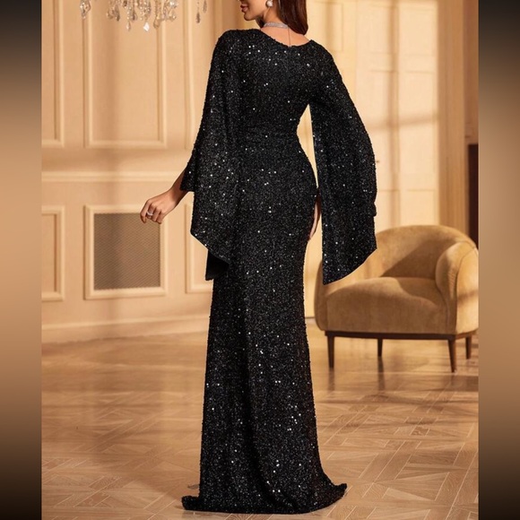 Luxe V neck champagne bell formal evening party prom wedding gown dress - Picture 7 of 15